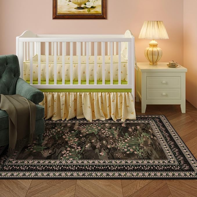 Rugcomf 4x6 Rug for Bedroom Impressionist-Style Vintage Washable Rugs Non Slip Low Pile Small Carpet for Bedside Kids Room Office Dining Room, Black