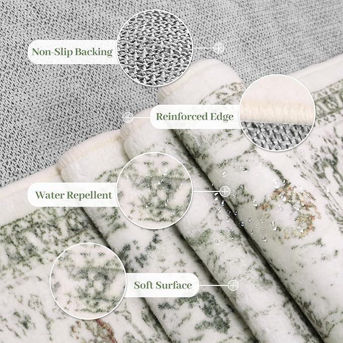 LIVEBOX Washable 9x12 Area Rugs, Large Rugs for Living Room Boho Soft Non-Slip Rug, Low-Pile Vintage Medallion Rug, Retro Indoor Carpet for Dining Room Bedroom Office Sage Green