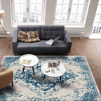 Blue Bohemian Rectangular Area Rugs for Living Room Bedroom 3 x 5 ft Vintage Farmhouse Floral Pattern Non-Shedding Soft Low Pile Rug Non Slip Washable Rug for Nursery Entryway Playroom