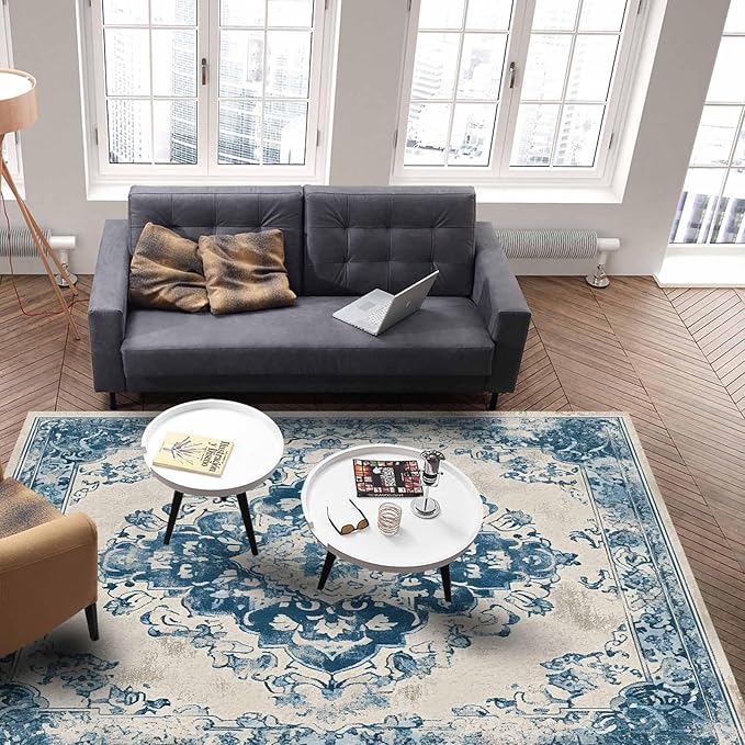 Blue Bohemian Rectangular Area Rugs for Living Room Bedroom 2.8 x 5 ft Vintage Farmhouse Floral Pattern Non-Shedding Soft Low Pile Rug Non Slip Washable Rug for Nursery Entryway Playroom