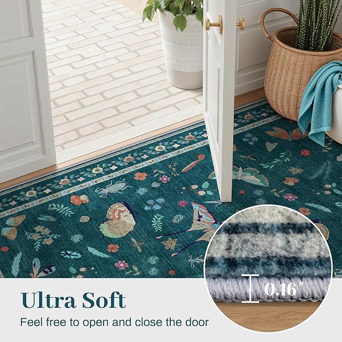5x8 Insect Print Entryway Rug - Indoor Non-Slip Low Pile Machine Washable Bug Rug for Front Door, Living Room, Bedroom, Kitchen, Nursery, Laundry (5'x8' Teal)