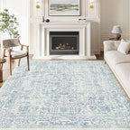 Blue Area Rug 5x7 Machine Washable Vintage Living Room Distressed Non Slip Carpet Traditional Indoor Bedroom Retro Floral Accent Throw Large Rug Office Kitchen Bathroom Dining Room