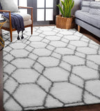 ONASAR Area Rugs for Living Room, Washable 5x8 Fluffy White and Grey Rug for Bedroom, Geometric Moroccan Indoor Shaggy Boho Soft Plush Floor Carpet for Kids Teen Nursery Dorm Home Decor Aesthetic