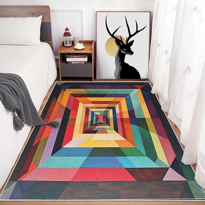 4x6 Colorful Geometry Rugs for Bedroom Decor, Washable Abstract Geometric Pattern Area Rug, Living Room Home Decoration, Non Slip Soft Thin, Abstract Art Decor Carpet PF-P 49