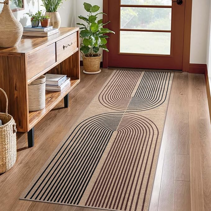Tangsoo Rainbow Easy Jute Rug 2x6 Washable Runner for Hallways,Non-Slip Ultra Thin Dark Brown Outdoor Runner Carpet,Contemporary Kitchen Door Mat for Laundry Bedroom Entryway Porch