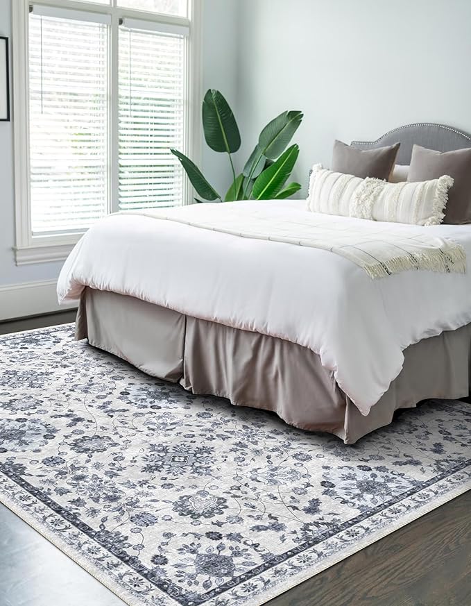 vivorug 8x10 Area Rugs, Stain Resistant Washable Rug for Living Room, Floral Rug Vintage Inspired (Ivory/Blue, 8'x10')