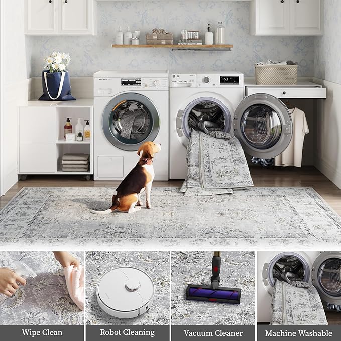 jinchan Fiora Runner Rug 3x8-2pcs Kitchen Washable Vintage Rug Hallway Rug Floral Print Floor Cover Indoor Thin Retro Mat Accent for Bathroom Laundry Room Bedroom Office Farmhouse (Double,Grey)