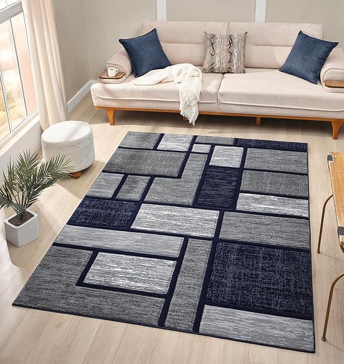 Navy Blue Geometric 5x7 Area Rug – Modern Patterned Carpet for Living Room, Bedroom, or Office – Soft Durable Floor Rug – Contemporary Stylish Design
