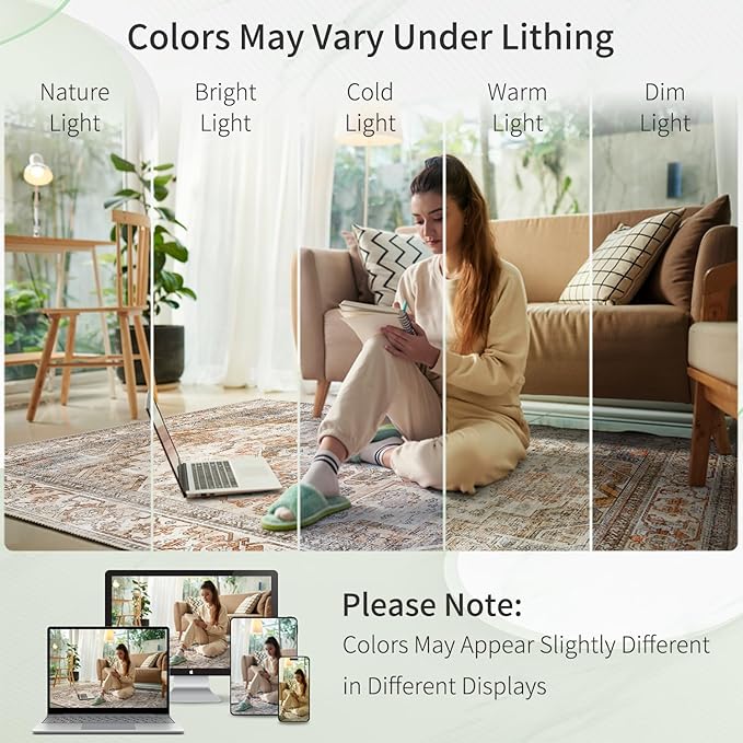Enkor Area Soft Rugs 5x7 Washable Non Slip Boho Floor Rugs for Living Room Bedroom, Vintage Style Farmhouse Mat for Kitchen Entryway Beige & Brown