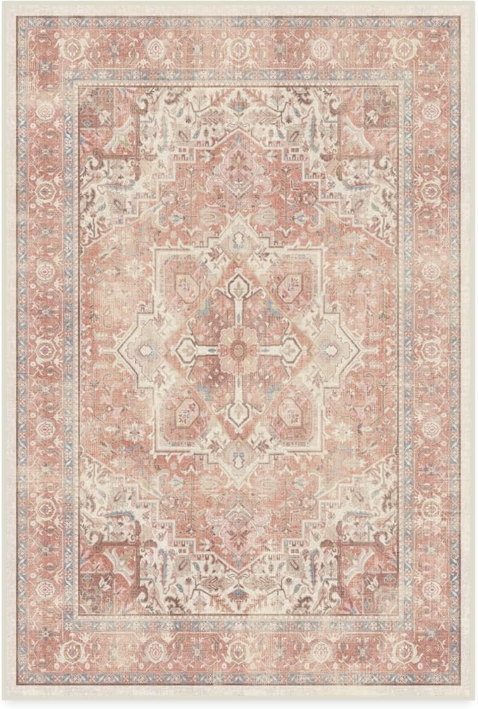 RUGGABLE Washable Area Rug – Kamran Rose Pink 4x6, Stain-Resistant, Non-Slip – Medium Machine Washable Rugs for Living Room, Bedroom, Hallway, Entryway & Office–with Cushioned Pad