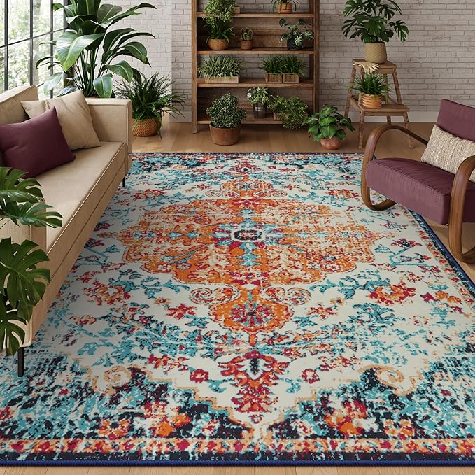 Lahome Boho Rugs for Living Room 8x10,Washable Orange Bedroom Area Rug Soft Low Pile Dining Room Rugs for Under Table,Vintage Thin Non Slip Printed Nursery Area Rug for Playroom Office(8x10ft Orange)