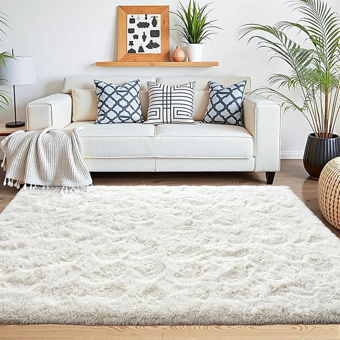 Beglad Fluffy Large Area Rugs 8x10 Feet, Modern Minimalist Style Shag Fuzzy Rugs, Non-Slip Indoor Carpet Soft Rugs for Kids Room, Bedroom & Living Room, Cream White