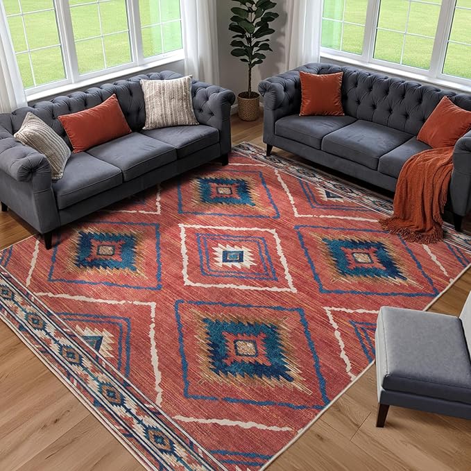 Area Rug 8x10 Rug Machine Washable Non-Slip Low Pile Print Pattern Western Rug for Living Room Bedroom Entryway Tribal Series -Red/Orange