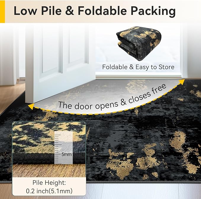 Washable Area Rugs 5'x7' Non-Slip Modern Abstract Soft for Living Room Entryway Bedroom Nursery, Print Pattern, Dark Black Gold