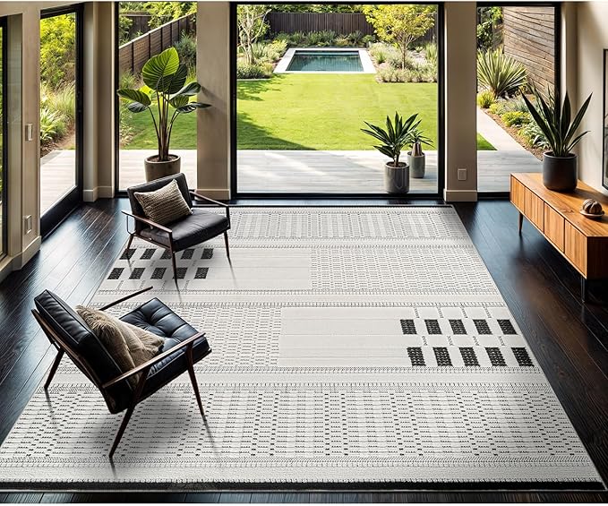 CAMILSON Modern Rug 8x10 Luxury Geometric Pattern Micro Loop Area Rugs Soft High and Low Pile Stain Resistant Easy to Clean Non-Shedding Durable Living Room Bedroom Indoor Carpet (White/Black)