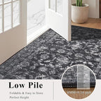 Washable Area Rug 2x3 Black Rugs for Living Room, Vintage Boho Rug for Bedroom Dining Room Office, Distressed Floral Print Carpet for Under Table, Soft Non Slip Low Pile Throw Carpet Indoor Mat
