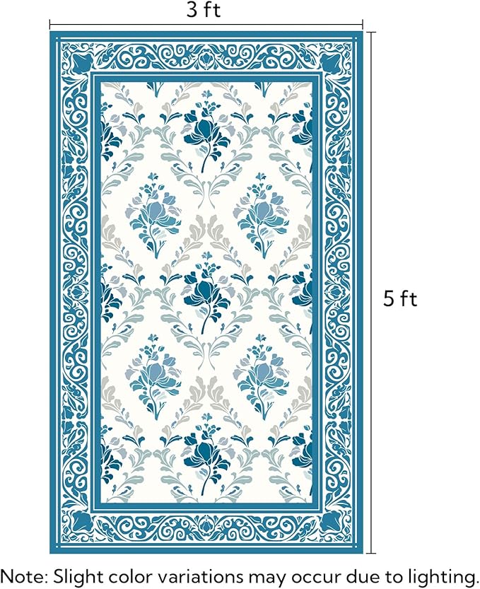 SOULFUL Medium Pile 3x5 Area Rug - Soft Underfoot Small Entryway Rug - Blue Boho Floral - Washable Non-Slip - Perfect for Living Room Bedroom Foot Kids Room Reading Nook