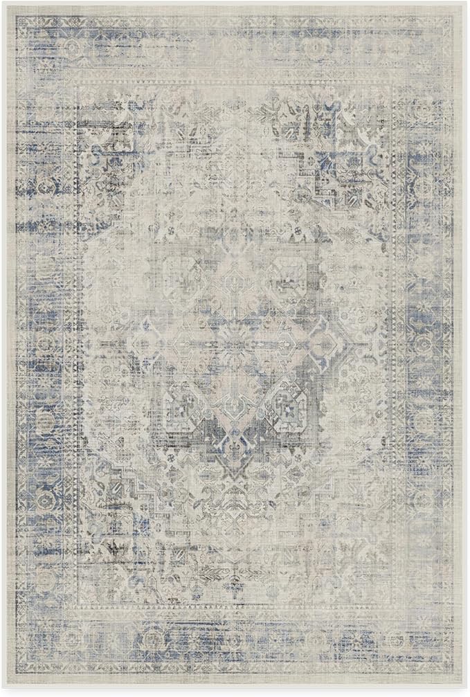 RUGGABLE Washable Vintage Area Rug – Kamran Blue Quartz 4x6, Stain-Resistant, Non-Slip – Medium Machine Washable Rugs for Living Room, Bedroom, Hallway, Entryway & Office–with Standard Pad