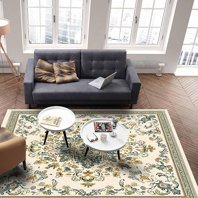 Bohemian Rectangular Area Rugs for Living Room Bedroom 5 x 6.9 ft Vintage Farmhouse Floral Pattern Non-Shedding Soft Low Pile Rug Non Slip Washable Rug for Nursery Entryway Playroom