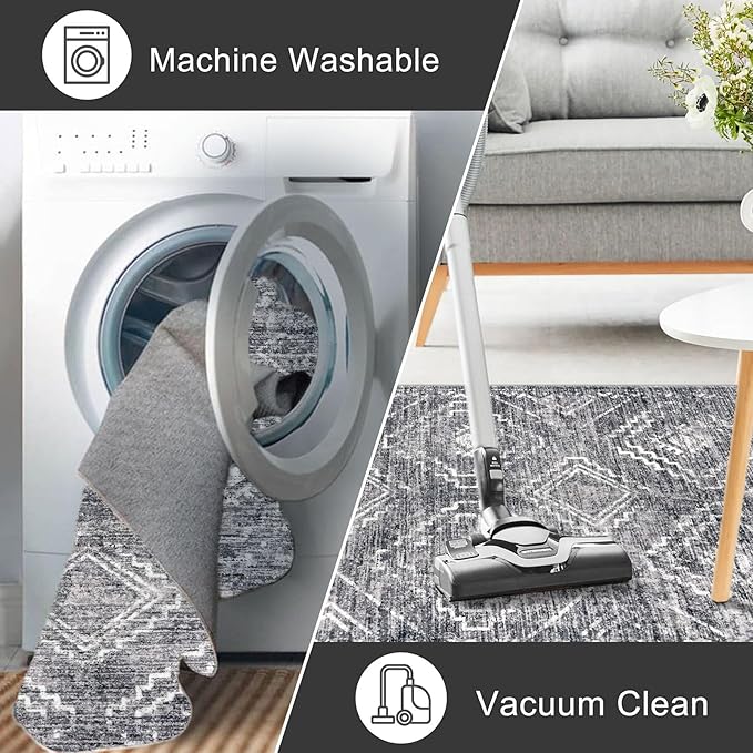KILOCOCO Boho Kitchen Runner Rug 2x6 Washable Runner Rug Soft Runners for Hallways Non Slip Printed Distressed Laundry Room Rugs, Low-Pile Runners for Entryway Bedroom Living Room, Grey