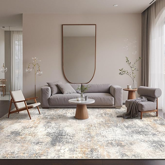 Bavni 8x10 Area Rugs Machine Washable Rug for Living Room, Modern Printed Rug Indoor Soft Area Rug for Bedroom Dining Room, Ultra-Thin Low Pile Carpet with Non Slip Rubber Backing, Beige Gray