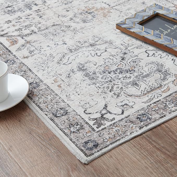 jinchan Area Rug 9x12 Washable Living Room Rug Vintage Indoor Large Floor Cover Retro Accent Mat Distressed Gray Floral Country Boho Non Slip Thin Carpet for Bedroom Kitchen Dining Room Office Grey