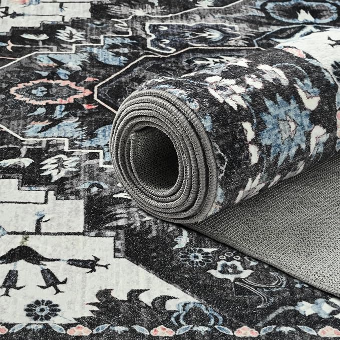 Large Area Rugs 8x10 for Living Room, Bedroom, Washable Vintage Rugs -Low Pile Distressed Rugs for Kitchen, Dining Room, Water Repellent & Non Shedding, Black and Blue