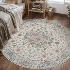 Tangsoo Vintage Round Rug 4ft Washable Circle Rug, Non Slip Small Boho Round Rug, Low Pile Circular Rugs, Round Carpet for Bedroom,Entryway,Nursery,Dorm,Kitchen,Grey