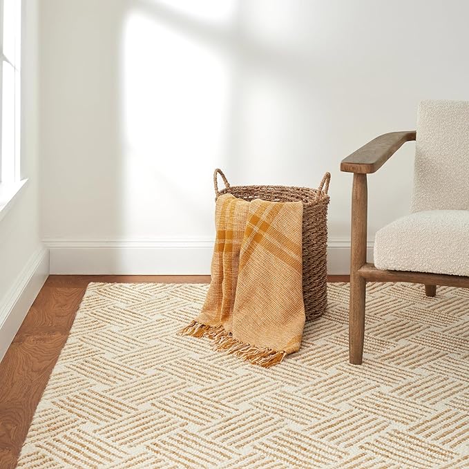 Dash & Albert Layers Ochre Hand Hooked Wool Rug, 7.5 X 9.5 Feet, Yellow/Orange Geometric Pattern - Premium Luxury Hotel Quality Soft Breathable Hypoallergenic Machine Washable Easy Care All Season