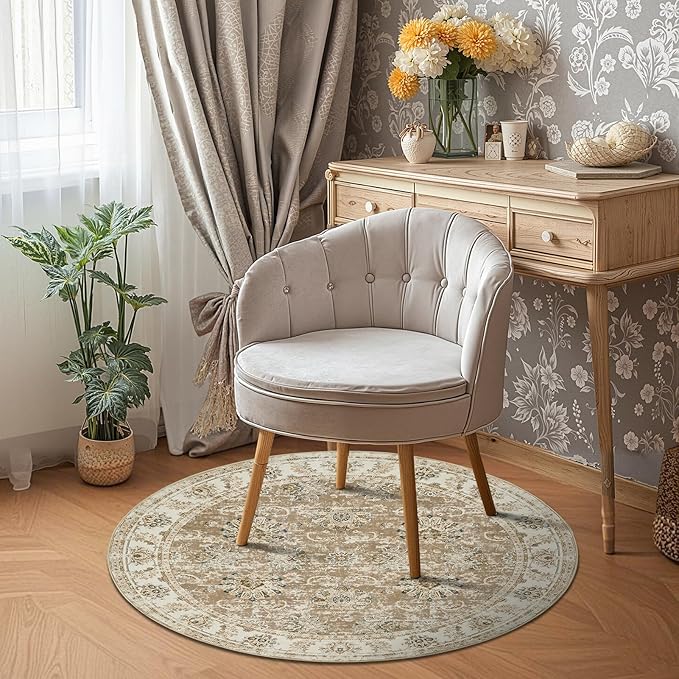 jinchan Fiora Round Rug 5ft Area Rug - Indoor Vintage Hallway Circle 5' Washable - Ultra-Thin Low Pile Soft Small Non Slip Distressed Floral Print for Living Room Dining Room Bedroom Entryway Taupe