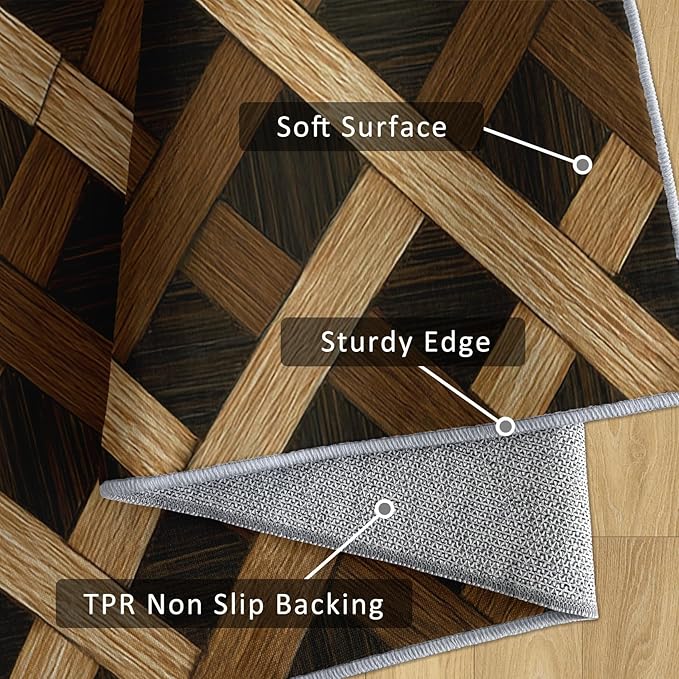 Checkered Rug, Washable 3x5 Rug for Living Room, Wood Grain Patterned Indoor Carpet, Checkered Geometric Decor for Home, Bedroom, Soft Non Slip Thin Design FER24
