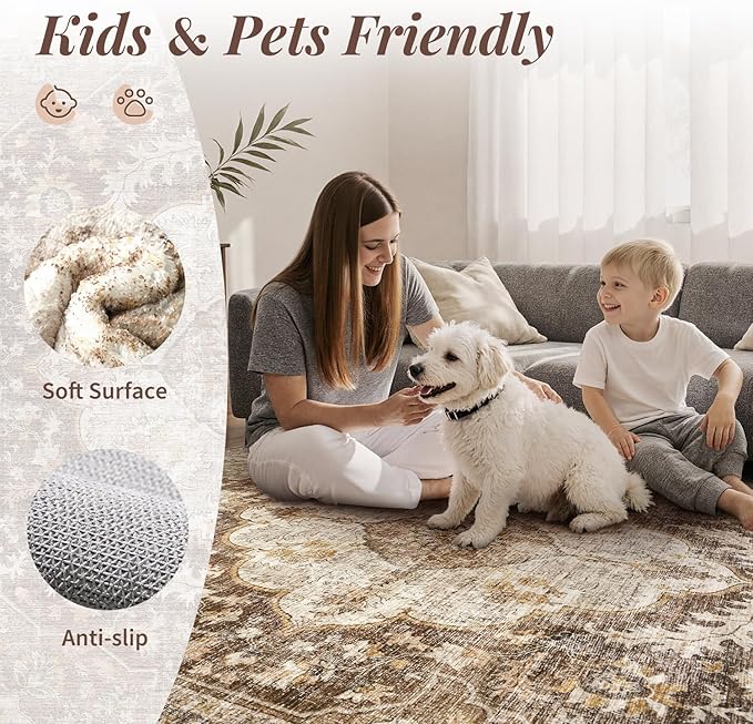 tchdio 3x5 Bedroom Area Rug, Non Slip Washable Entryway Rug Indoor, Soft Low Pile Vintage Door Mat, Stain Resistant Rug for Entrance, Bedside, Dining Room (Brown, 3'x5')