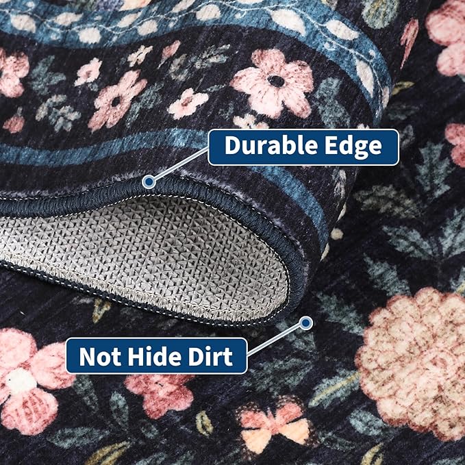 GarveeHome Washable Rug 6 x 9, Low Pile Farmhouse Floral Rug, Non-Shedding Indoor Foldable Printed Carpet Non-Slip Soft Vintage Throw for Bedroom Dining Room Kitchen, Dark Grey Blue