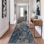Abstract Washable Runner Rug: Modern 2x10 Hallway Runner for Kitchen Stain Resistant Non Slip - Thin Low Pile for Entryway Indoor - Blue Gold