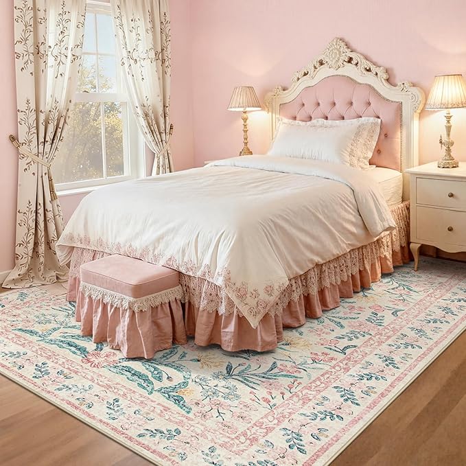 Wonnitar Washable Area Rug 6x9, Pink Floral Rugs for Bedroom Girls Soft Living Room Carpet Ultra-Thin, Boho Non Slip Non-Shedding Pastel Nursery Carpet for Kids Room Playroom Dorm
