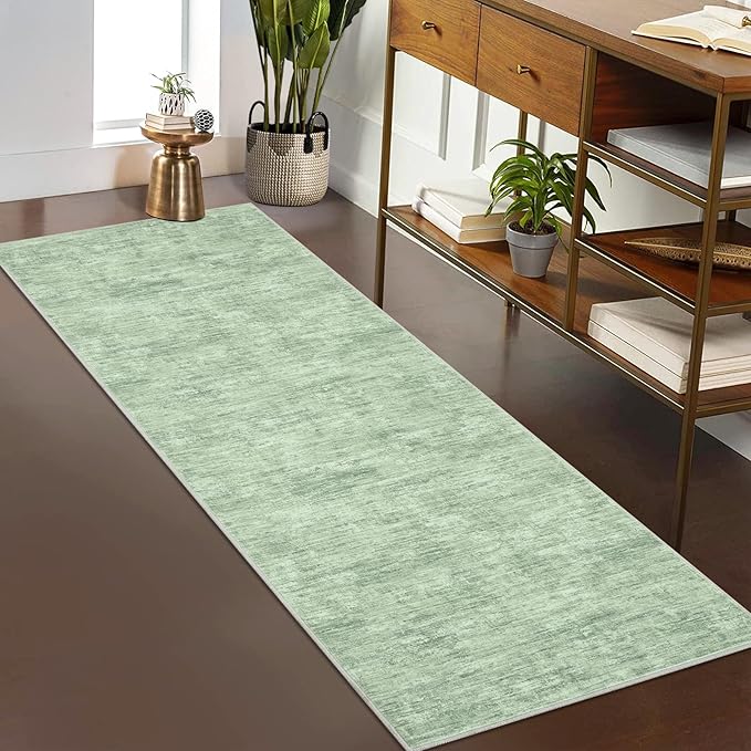 RUGSREAL 2x6 Runner Rug Washable Kitchen Runner Rug Modern Abstract Area Rug for Hallway Contemporary Solid Mat Non-Slip Foldable Aesthetic Accent Floor Carpet for Living Room Bedroom, Green