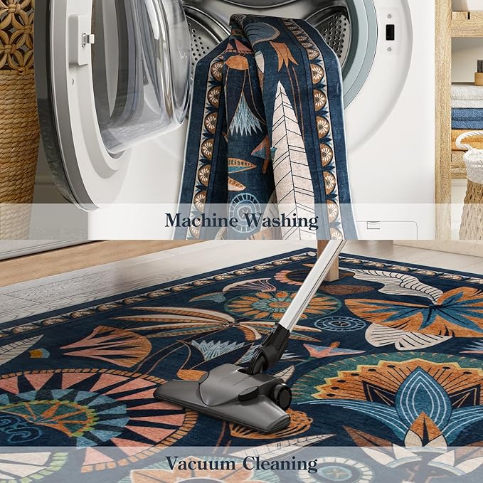 Egypt Floral Washable 5x7 Area Rug for Living Room, Large Boho Bedroom Dining Room Rugs for Under Table, Vintage Non Slip Soft Throw Carpet for Playroom Office Apartment (Dark Blue, 5 x 7)