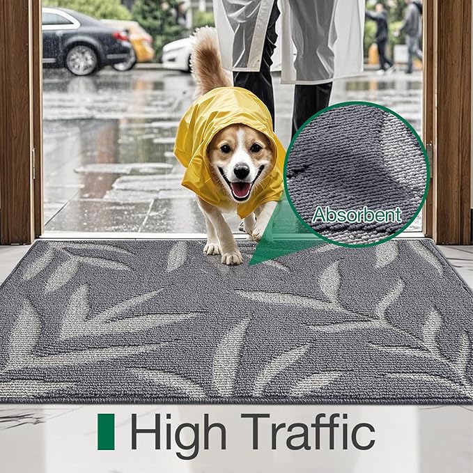 LUMI Indoor Door Mat 24x36, Washable Front Doormat with Welcome Leaf Pattern, Non-Slip Rubber Back Absorbent Mats for Entrance, Patio, Garage, Light Grey