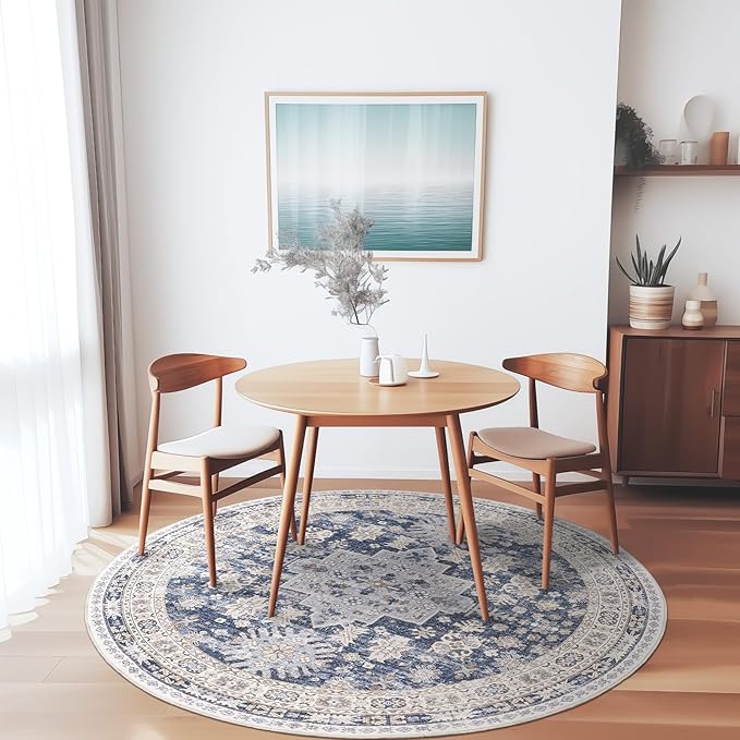 zesthome Washable Round Area Rugs - Non-Slip 6ft Round Rugs, Ultra-Thin Large Circle Rugs for Living Room, Soft Low Pile Rug for Bedroom, Kitchen, Nursery - Vintage Stain Resistant Round Rug