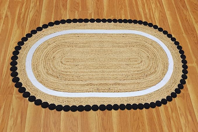 Oval Jute Runner 2x6 Flatweave Kilim Runner Hand Braided Jute Thick 0.27" Solid Pattern Black Beige Natural Oval Handmade Boho Indoor Outdoor Rugs for Kitchen Enterway