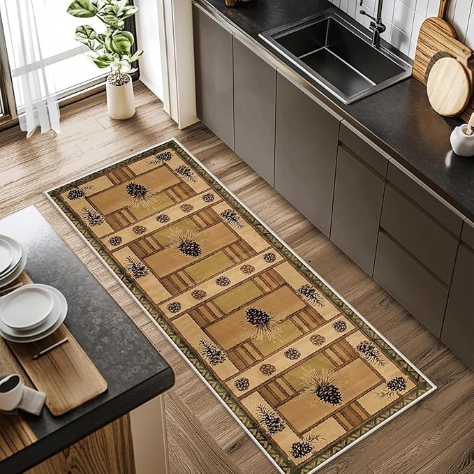 Pinecone Runner Rug, 4x12ft Rustic Country Style Hallway Runner Rug - Corridor & Foyer Area Rugs, Washable Non-Slip Mat, Country Home Decor Carpet for Indoor Living Room Hallway Spaces