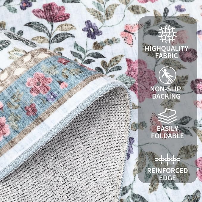 5x7 Washable Non-Slip Rug, Vintage Floral Area Rug for Living Room, Low Pile Farmhouse Distressed Carpet for Nursery Playroom Dorm Teens Office, Light Blue