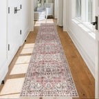 KOZYFLY Runners for Hallways 2x12 Ft Extra Long Washable Kitchen Runner Rug Boho Entryway Rug for Hallways Indoor Printed Faux Wool Stair Runner Carpet for Stairs Kitchen Hall, Terracotta/Beige