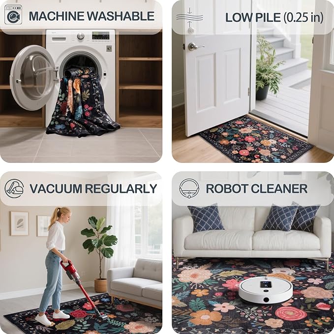 8x10 Area Rug, Floral Rugs for Living Room, Stain-Resistant Washable Bedroom Rug, Non-Slip Area Rugs for Dining Room Under Table, Indoor Rug for Home Office (8 x 10 Black)