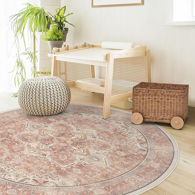 RUGGABLE Washable Area Rug – Kamran Rose Pink 6 ft Round, Stain-Resistant, Non-Slip – Medium Machine Washable Rugs for Living Room, Bedroom, Hallway, Entryway & Office–with Cushioned Pad