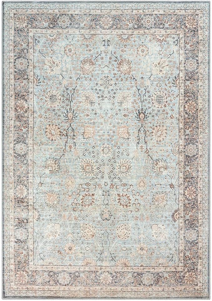 GLN Rugs Traditional Collection - Machine Washable Area Rug, Traditional Washable, Non Slip, Low Pile Chenille Rug, Living Room, Bedroom, Kitchen Rug (3' x 5' Light Blue)