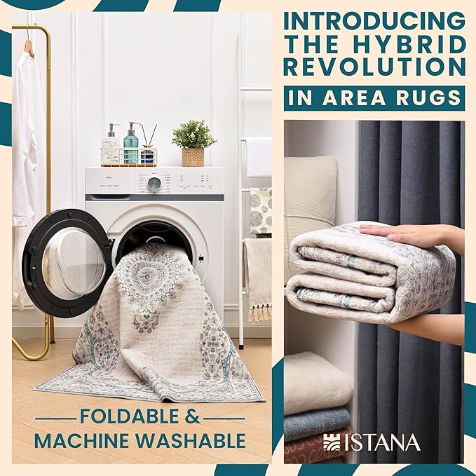 Istana Area Rug 2x4 - White Cream & Blue 2x4 Washable Rug Non Slip - Pet Friendly Living Room Rug - Non Shedding Washable Rugs for Bedroom - Foldable Bathroom Rugs