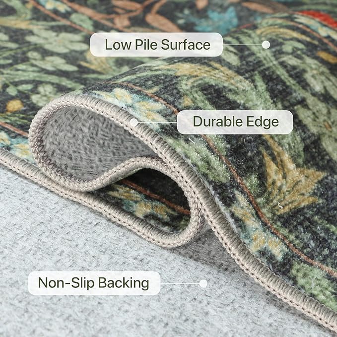 Bavni 5x7 Area Rugs for Living Room, Floral Rug Machine Washable Non Slip, Vintage Boho Forest Carpet, Soft Low Pile Thin Lightweight Rugs for Bedroom, Farmhouse, Dining Room Office, Emerald Green