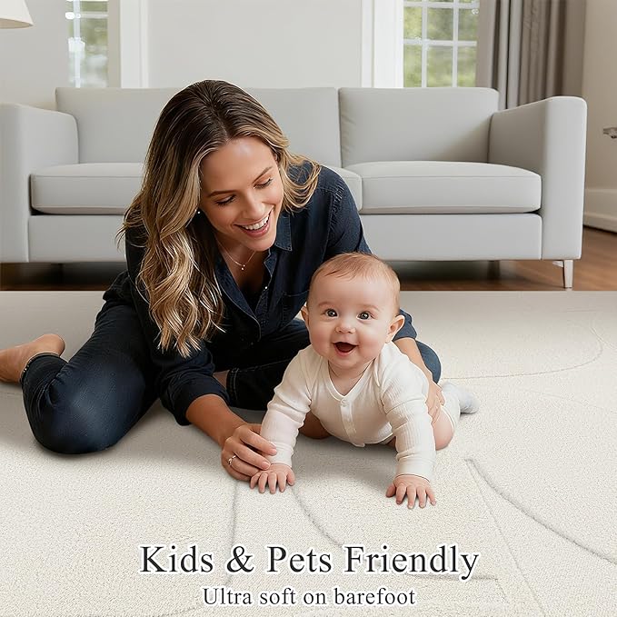 SHACOS Soft Cozy Fluffy Abstract Geometric High Low Pile Area Rugs 5'x7' Non Slip Washable Scandinavian Minimalist Rug Modern Carpet for Living Room Bedroom Dining Room, Cream