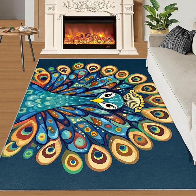 Boho Peacock Rugs for Living Room - 8x10 Rug, Peacock Decor Area Rugs for Bedroom, Teal Turquoise Rug, Modern Style Washable Carpet, Aesthetics Carpet - Peafowl Home Decor & Gifts
